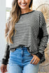 Ribbed Thermal Stripe Drop Shoulder Exposed Seam Patchwork Long Sleeve Top